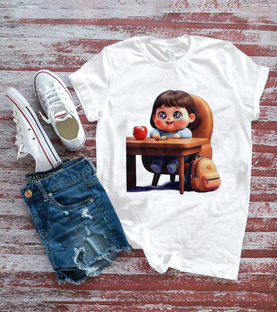 Cartoon Girl With Apple Backpack At Desk T-Shirt