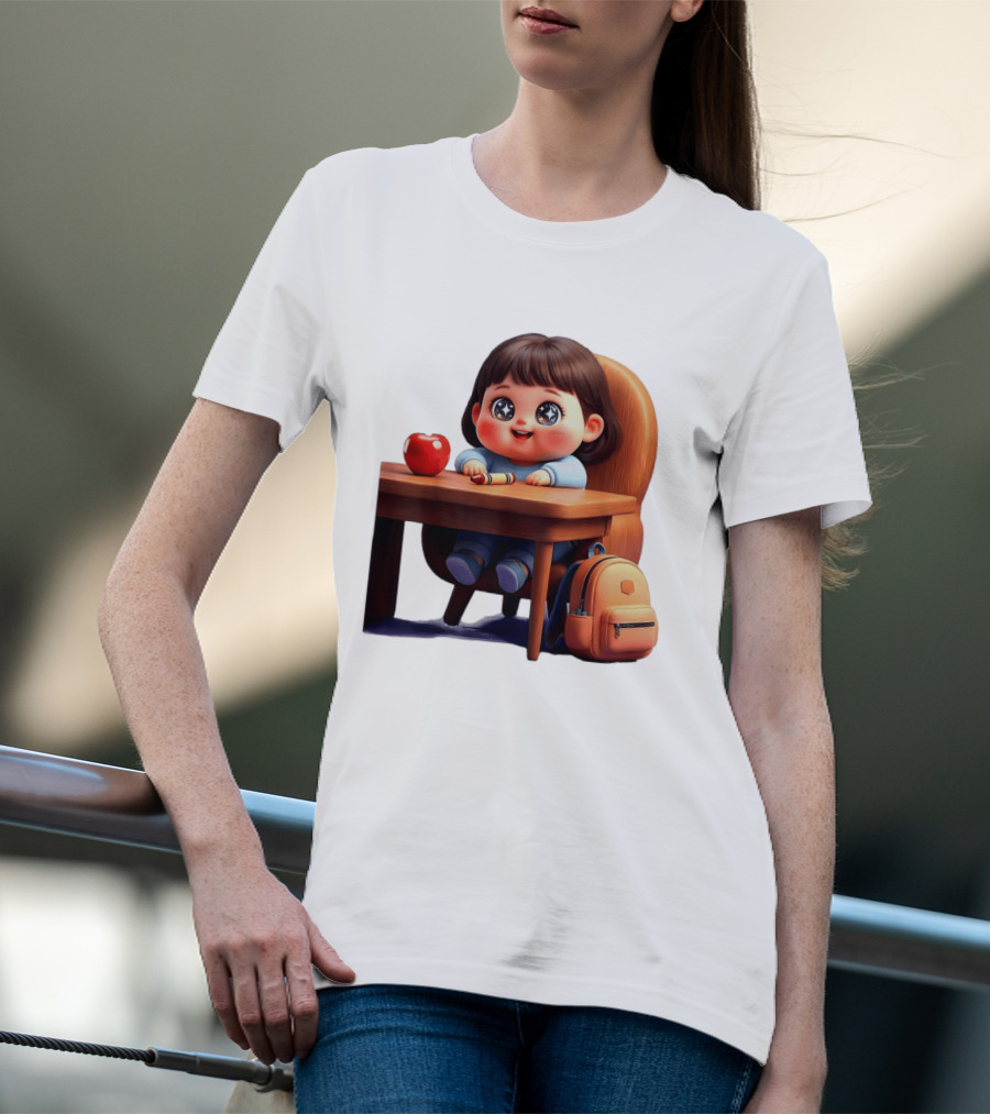 Cartoon Girl With Apple Backpack At Desk T-Shirt