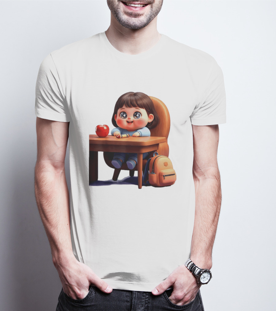 Cartoon Girl With Apple Backpack At Desk T-Shirt