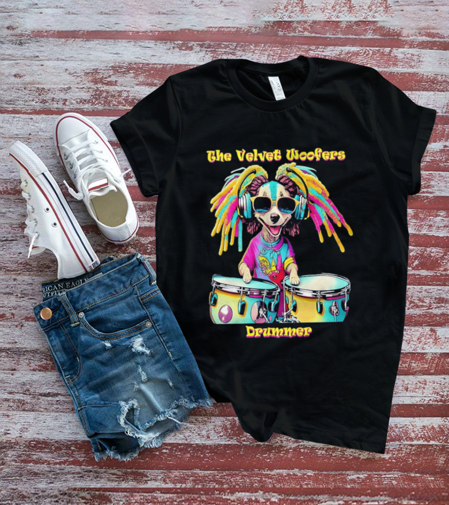 The Velvet Woofers Drummer Dog Colorful Cool Canine With Headphones And Drums T-Shirt