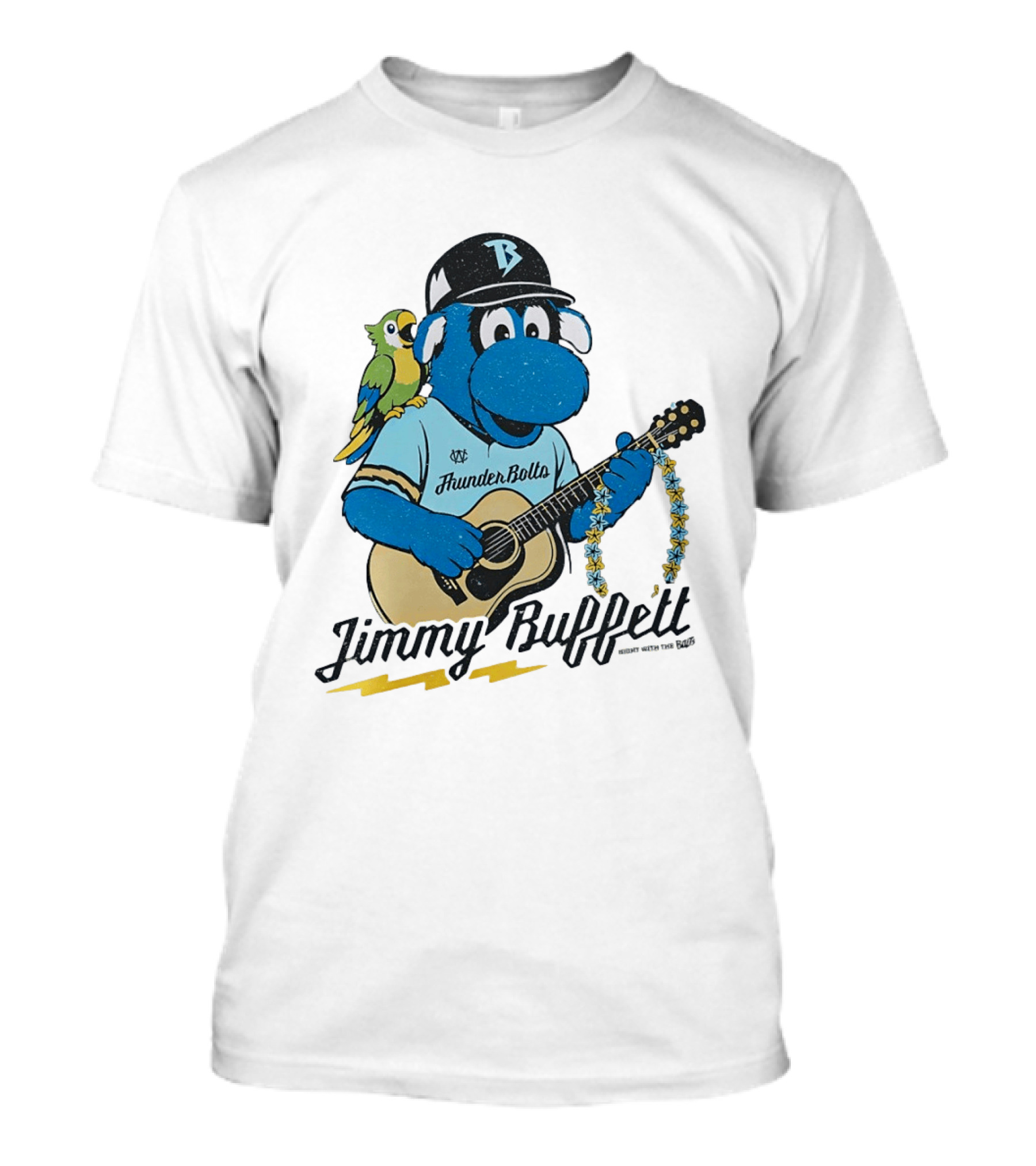 Jimmy Buffett Thunder Bolts Parrot Baseball Mascot Playing Guitar T-Shirt