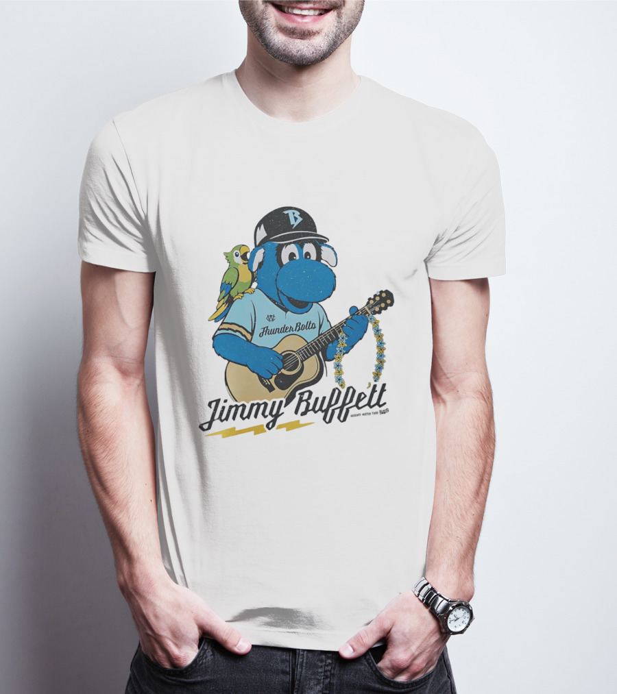 Jimmy Buffett Thunder Bolts Parrot Baseball Mascot Playing Guitar T-Shirt