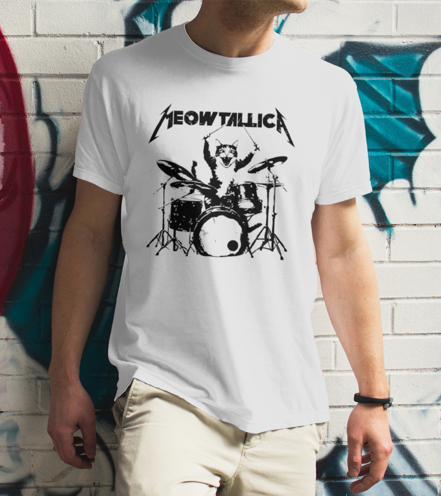 Meowtallica Cat Drummer Playing Drums Retro Metalhead T-Shirt