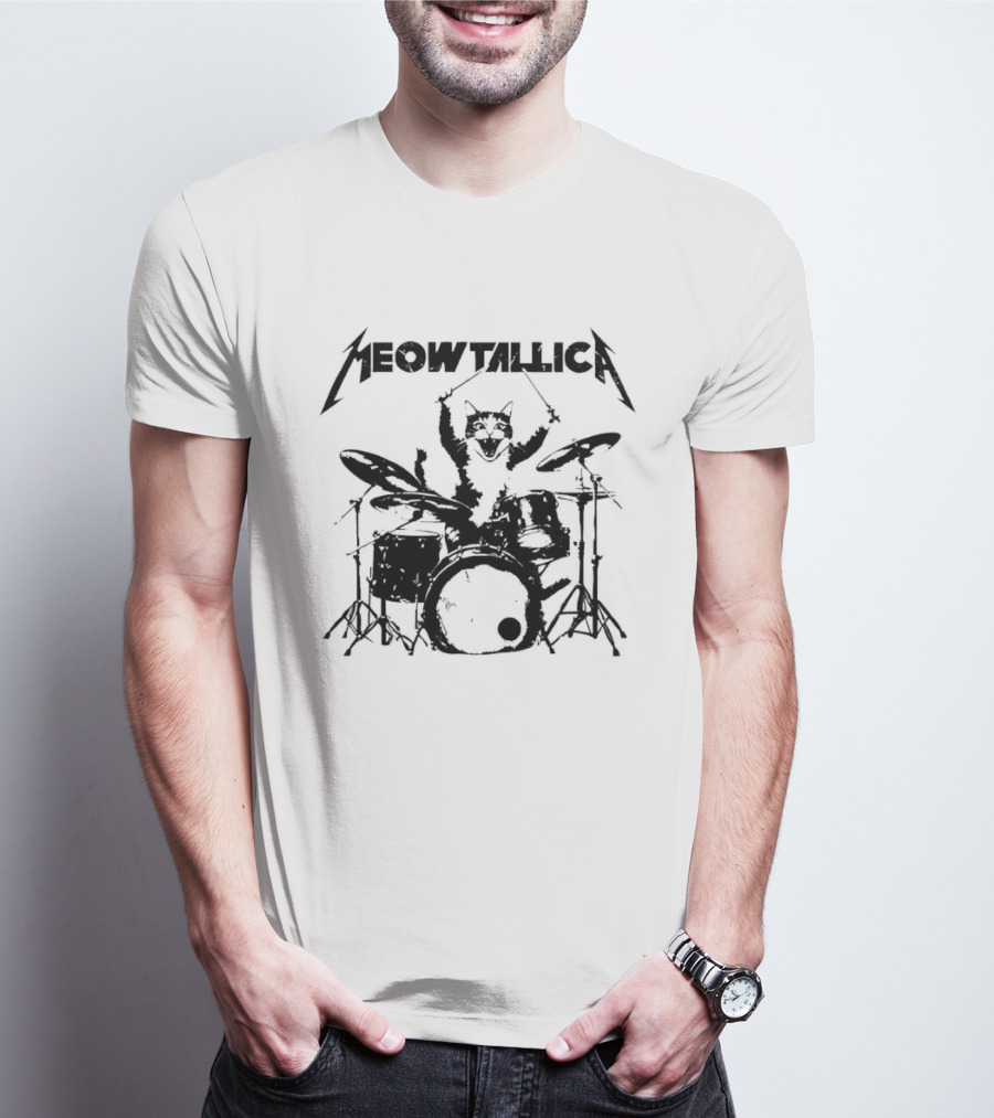 Meowtallica Cat Drummer Playing Drums Retro Metalhead T-Shirt