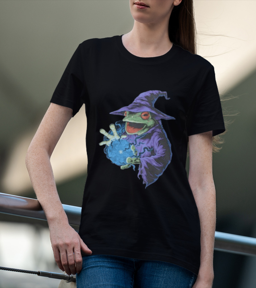 Wizard Frog In Purple Robe Casting Blue Magic Spell T-Shirt