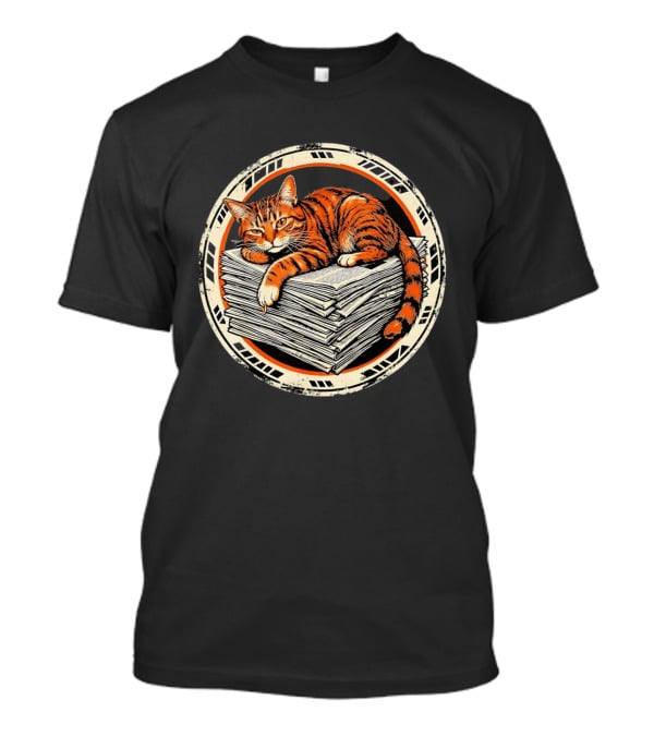 Orange Cat Relaxing On Stack Of Newspapers In Circle T-Shirt