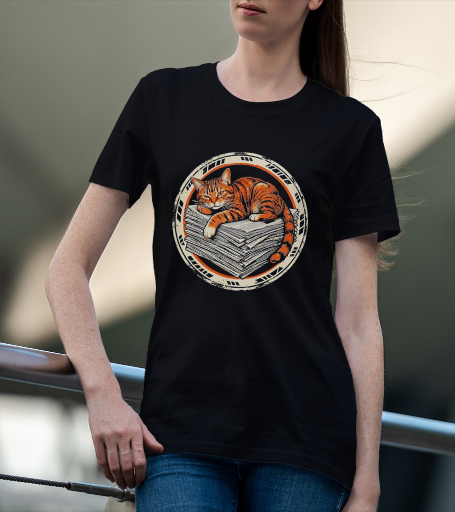Orange Cat Relaxing On Stack Of Newspapers In Circle T-Shirt