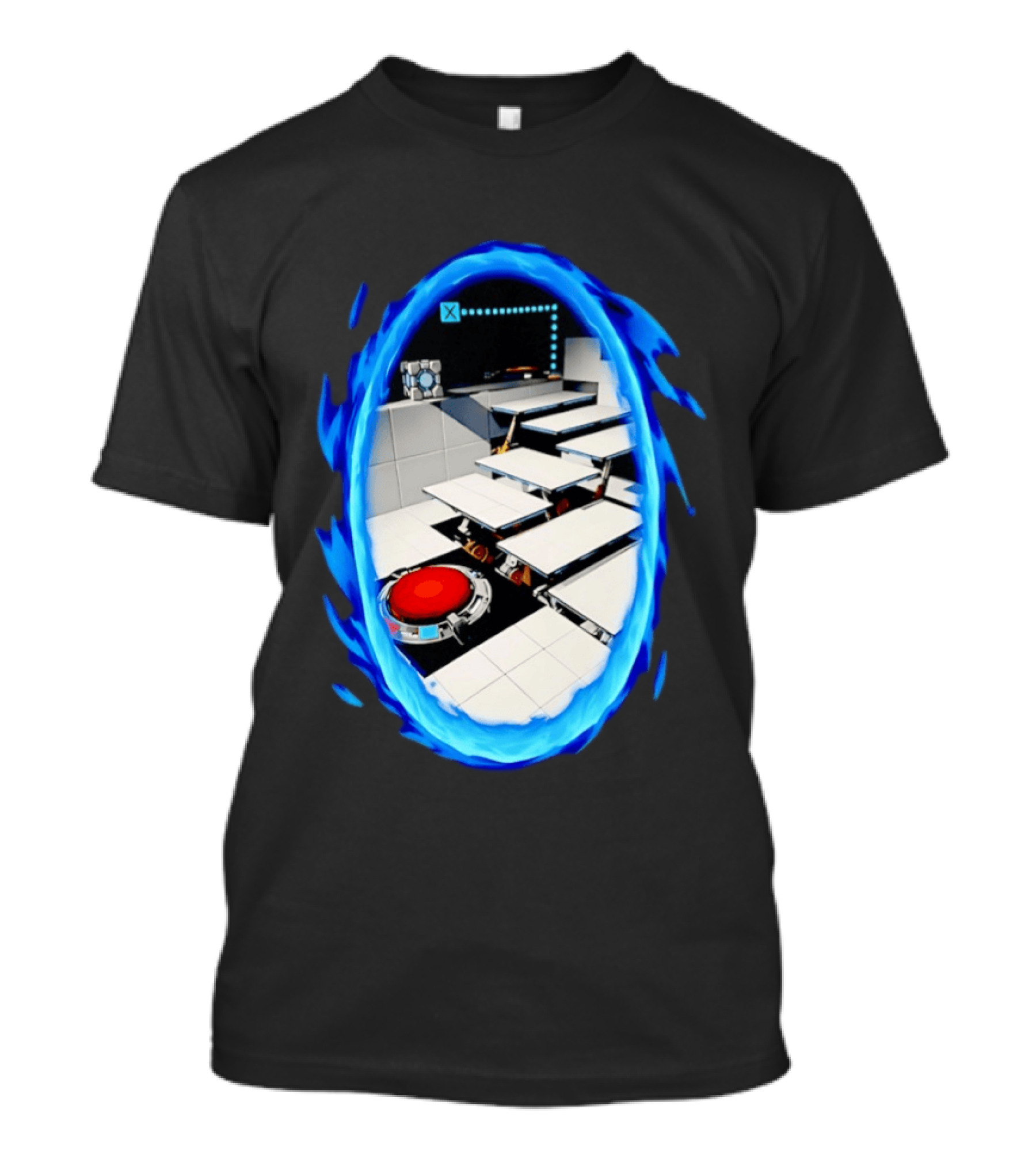 Portal Weighted Companion Cube Aperture Science Test Chamber Blue Portal Steps T-Shirt