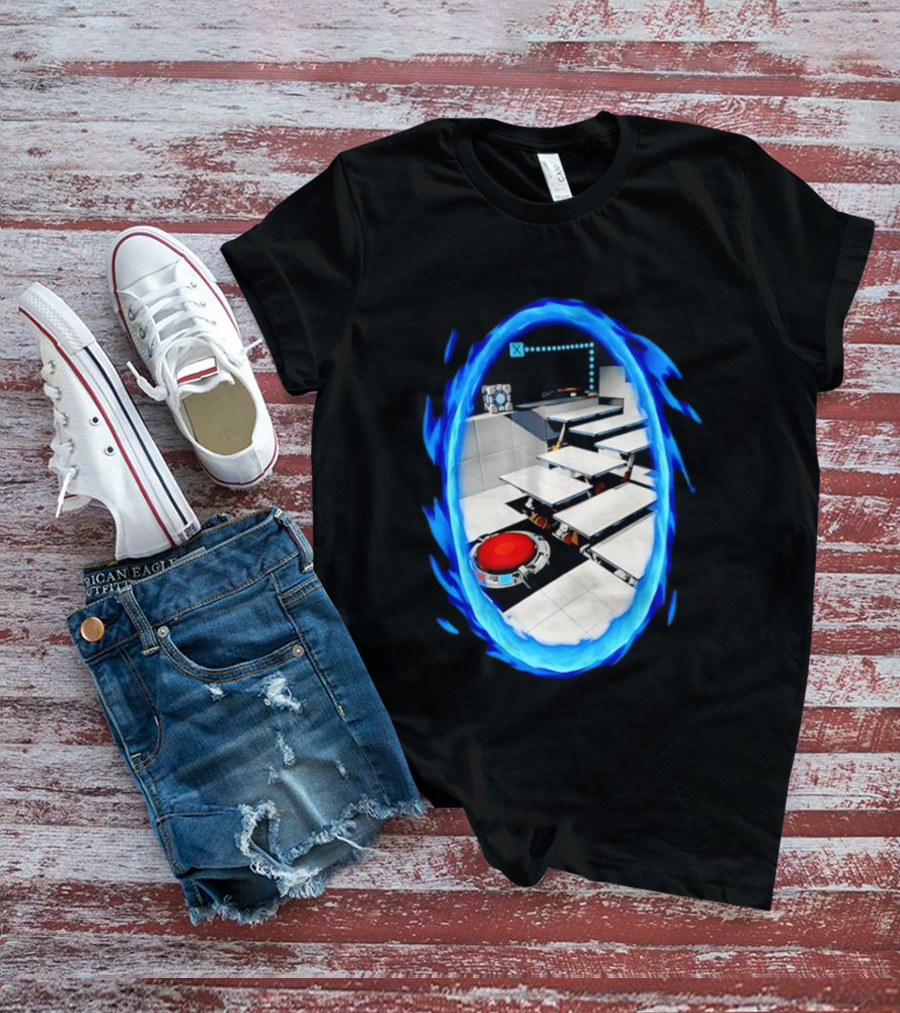 Portal Weighted Companion Cube Aperture Science Test Chamber Blue Portal Steps T-Shirt