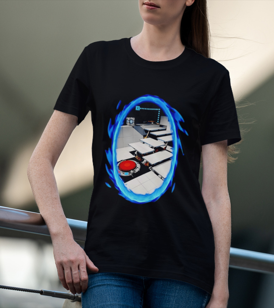 Portal Weighted Companion Cube Aperture Science Test Chamber Blue Portal Steps T-Shirt