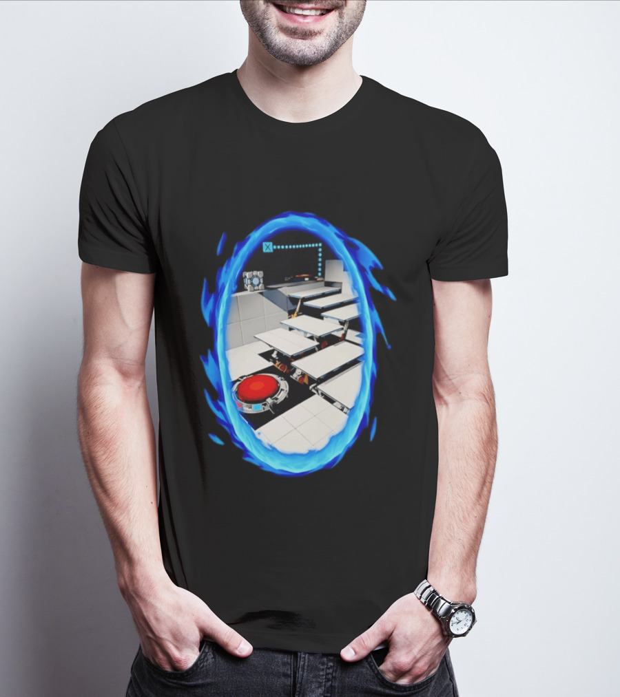 Portal Weighted Companion Cube Aperture Science Test Chamber Blue Portal Steps T-Shirt