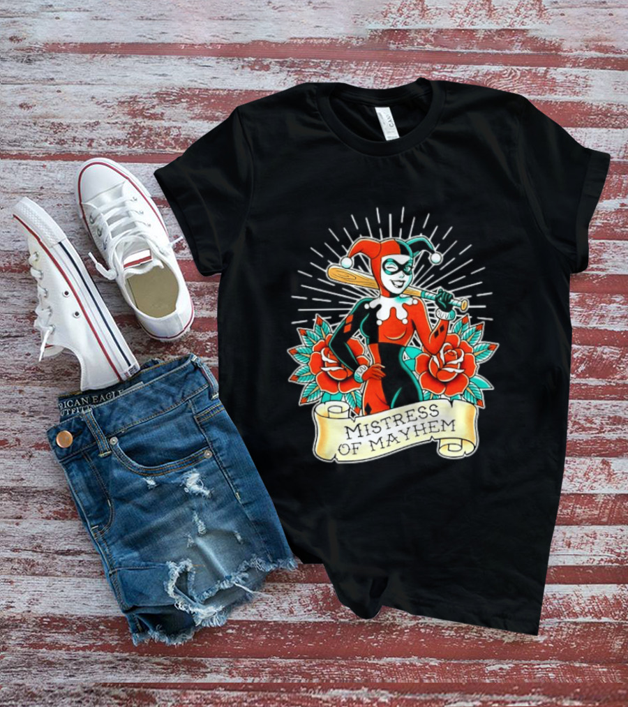 Harley Quinn DC Comics Mistress Of Mayhem Roses And Bat T-Shirt