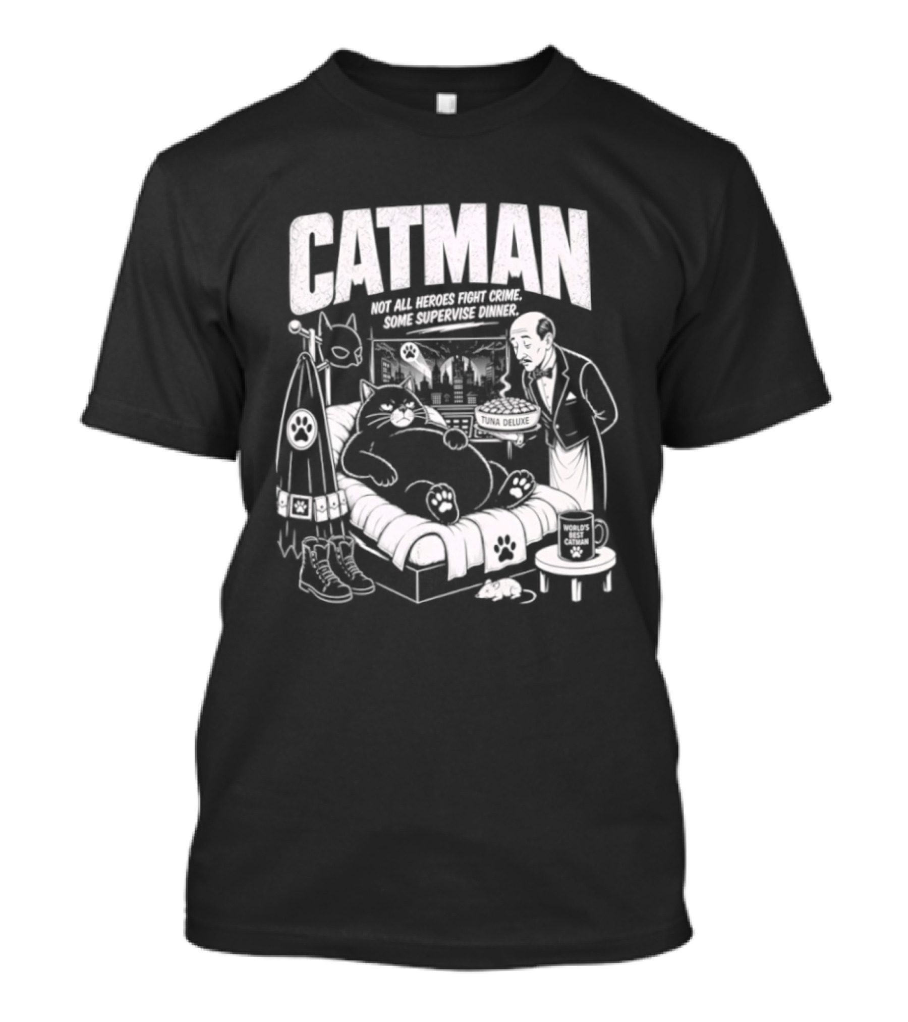 Catman Not All Heroes Fight Crime Some Supervise Dinner Comical Cat And Human Duo At Table T-Shirt