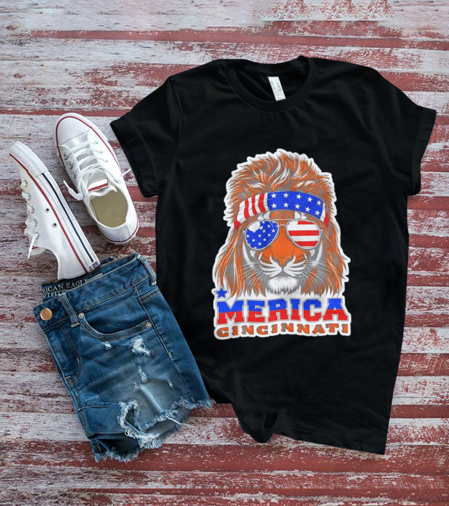 Cincinnati Merica Patriotic Tiger Mullet USA Flag T-Shirt