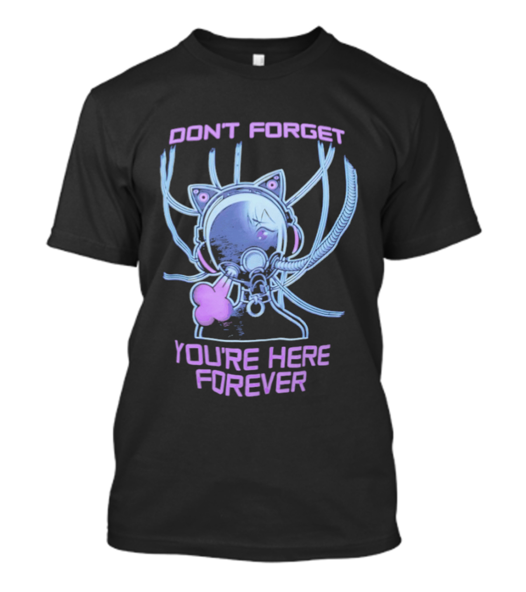 Don't Forget You're Here Forever Cyberpunk Cat Girl Visor And Cables T-Shirt