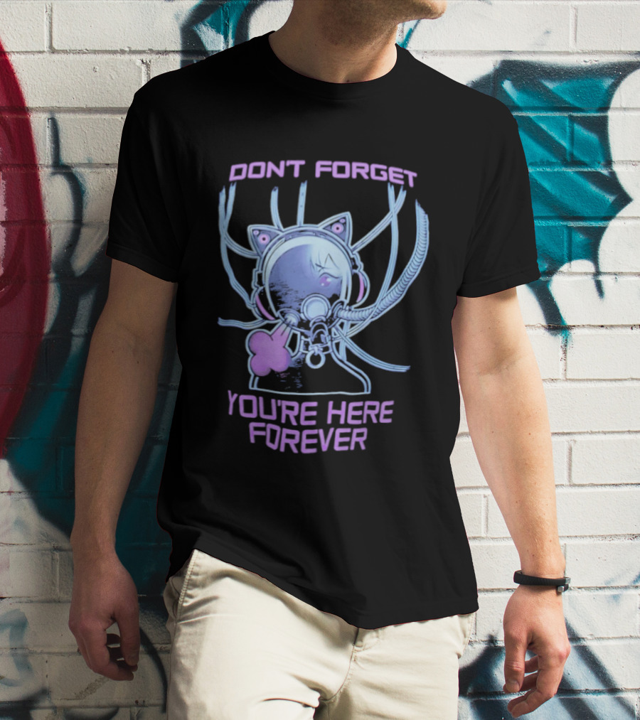 Don't Forget You're Here Forever Cyberpunk Cat Girl Visor And Cables T-Shirt