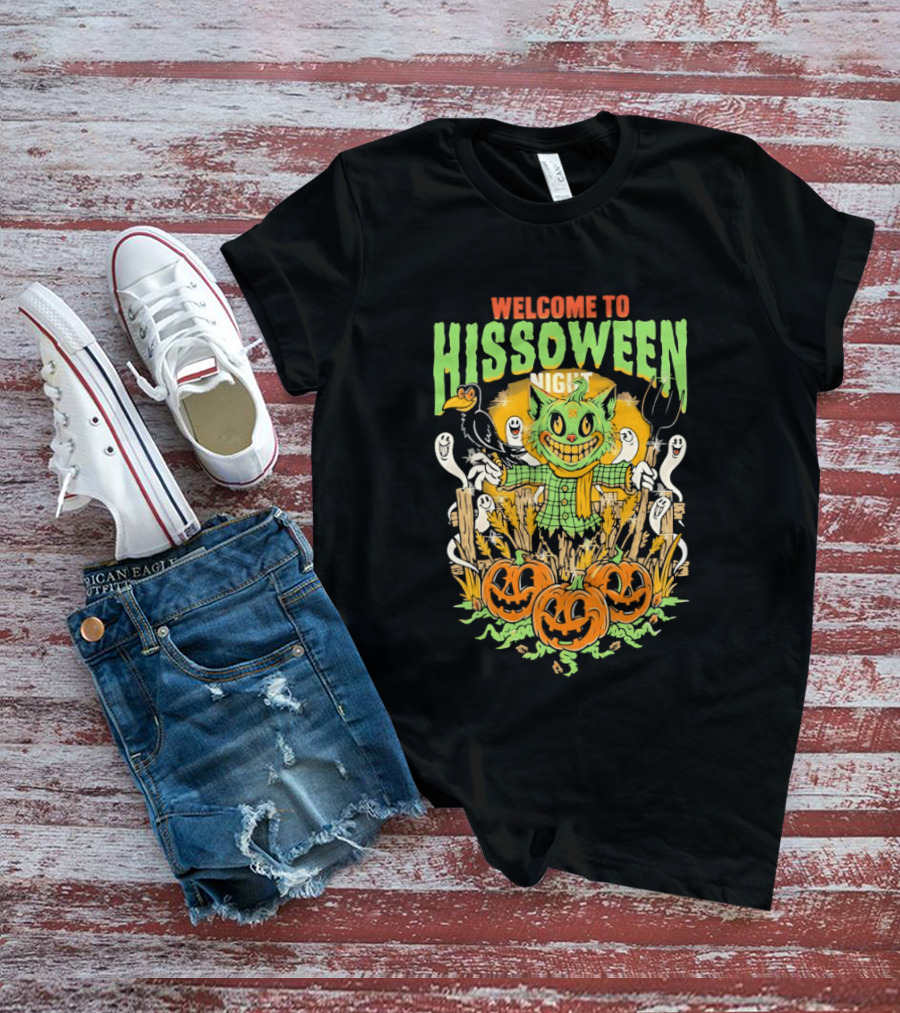 Welcome To Hissoween Night Cat Ghost Scarecrow Pumpkin T-Shirt