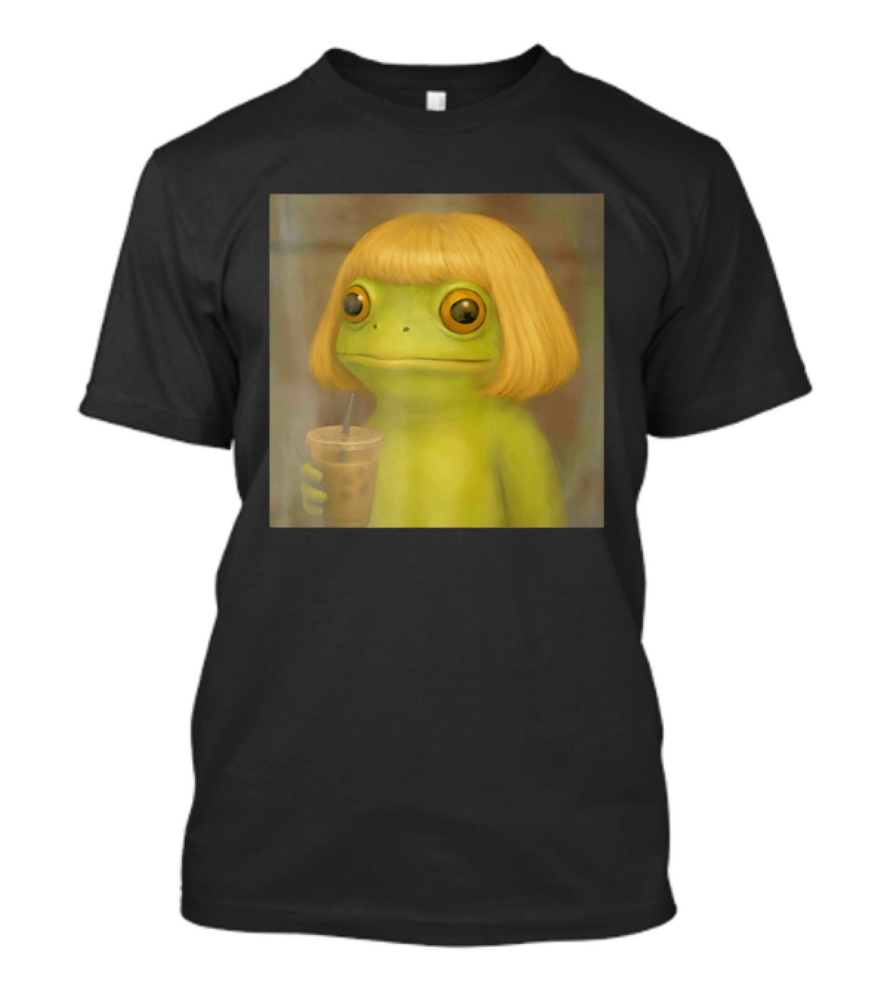 Blonde Wig Frog Holding Iced Coffee T-Shirt