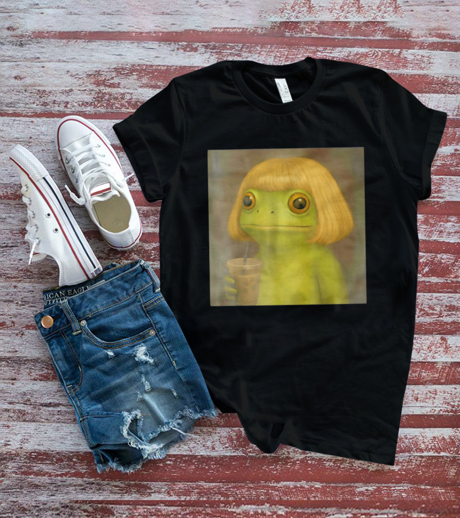 Blonde Wig Frog Holding Iced Coffee T-Shirt