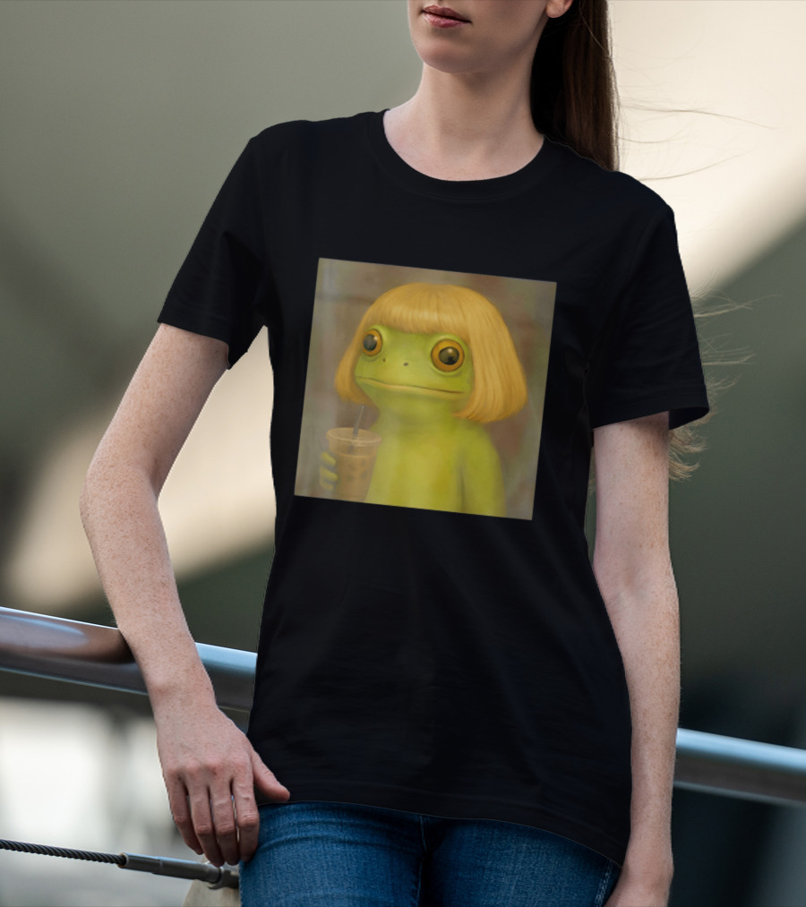 Blonde Wig Frog Holding Iced Coffee T-Shirt
