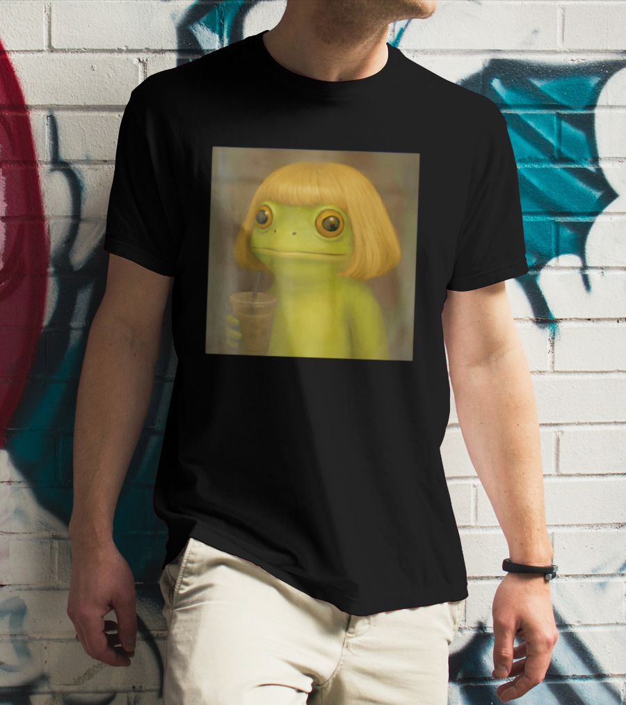 Blonde Wig Frog Holding Iced Coffee T-Shirt
