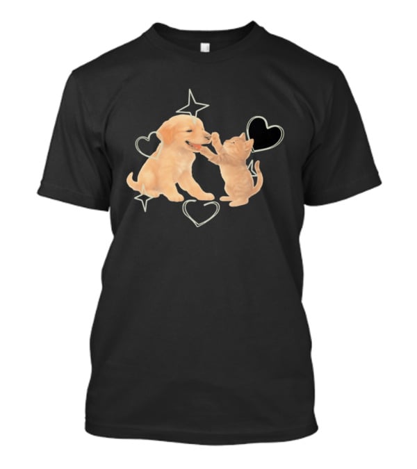Golden Retriever Puppy And Tabby Kitten Playing With Stars And Hearts T-Shirt