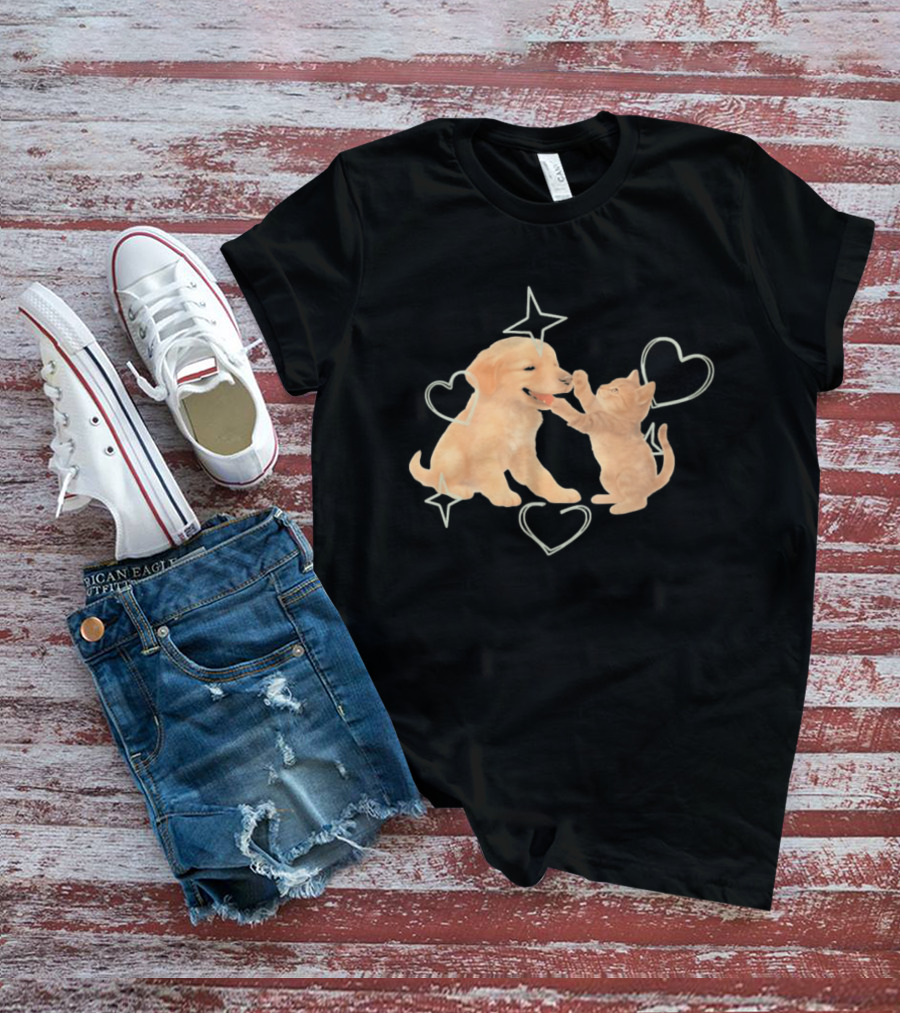 Golden Retriever Puppy And Tabby Kitten Playing With Stars And Hearts T-Shirt