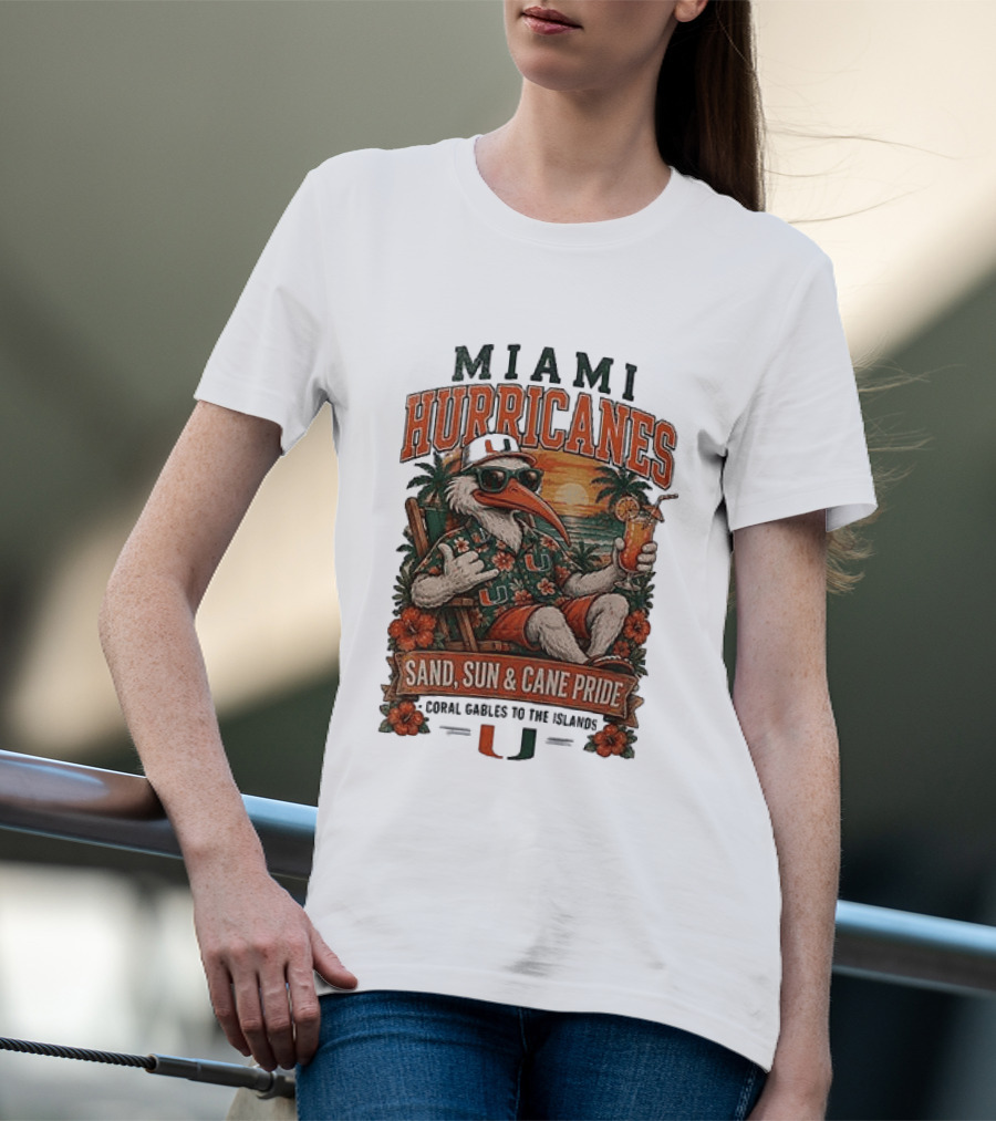 Miami Hurricanes Sand Sun Cane Pride Coral Gables To The Islands T-Shirt
