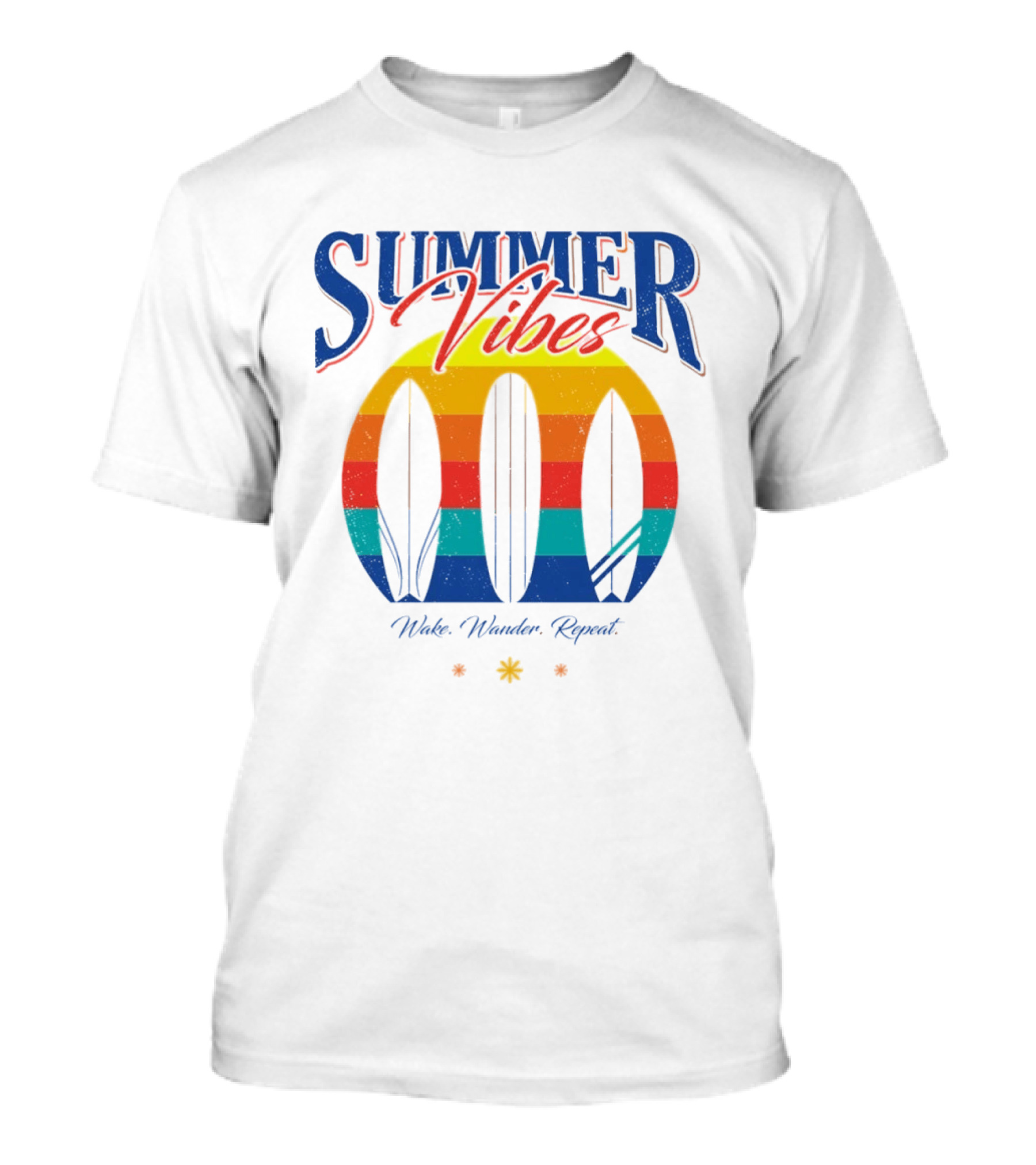 Summer Vibes Wake Wander Repeat Retro Surfboard Sunset T-Shirt