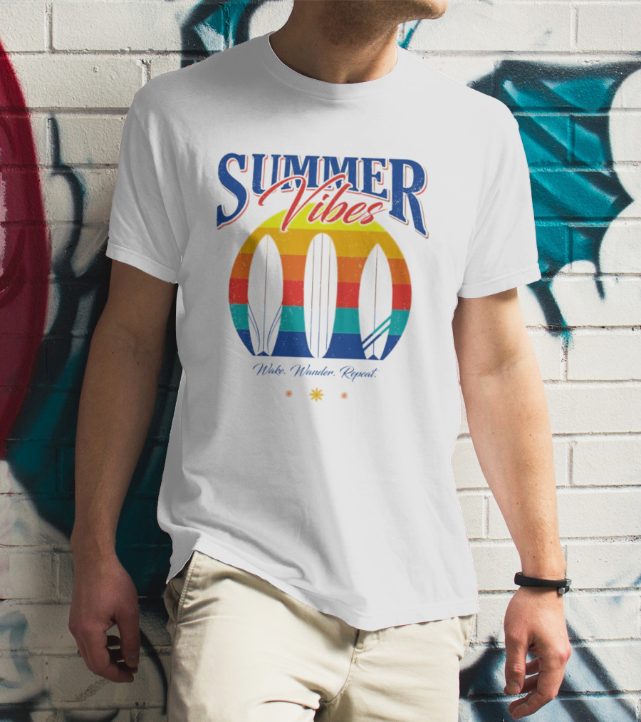 Summer Vibes Wake Wander Repeat Retro Surfboard Sunset T-Shirt