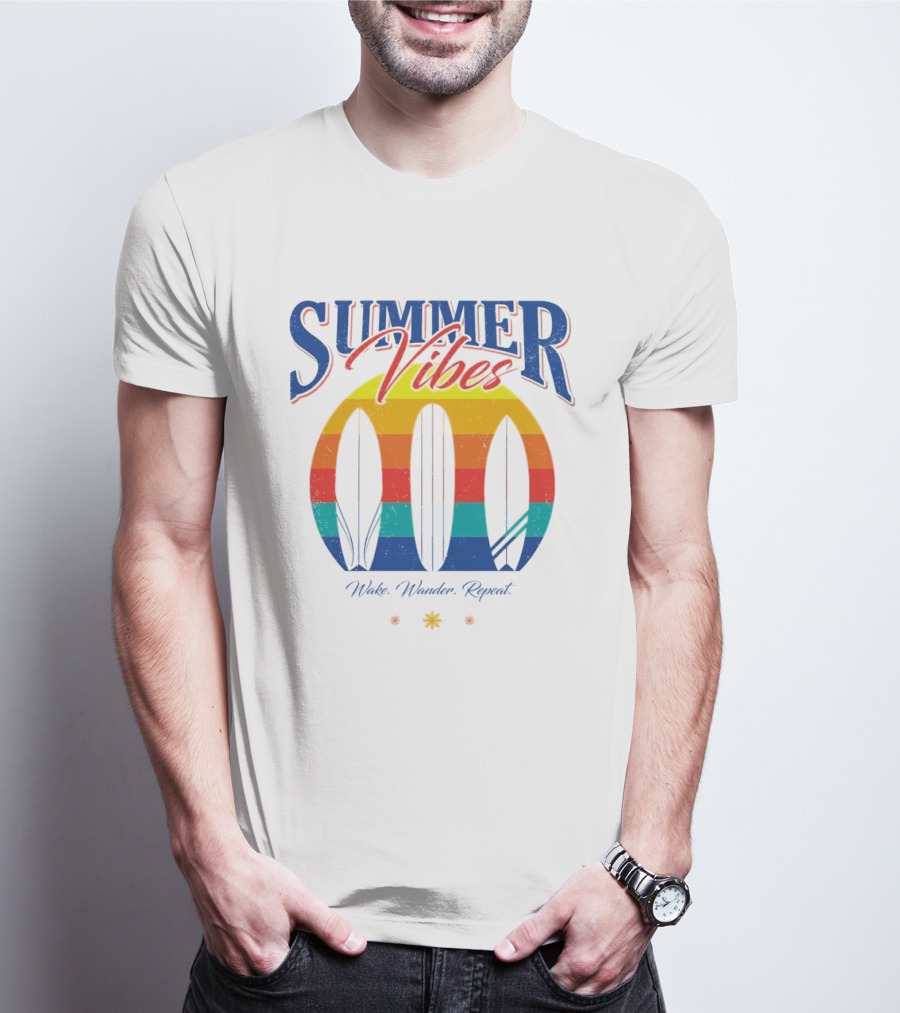Summer Vibes Wake Wander Repeat Retro Surfboard Sunset T-Shirt