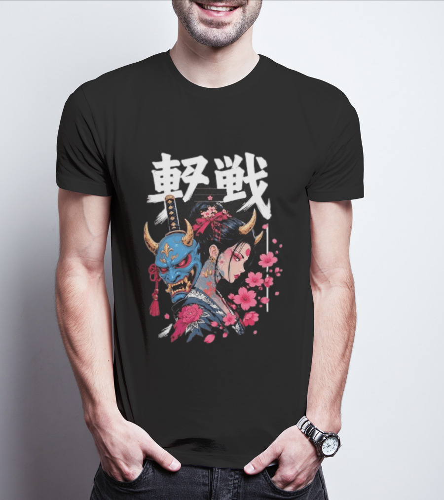Japanese Oni Mask And Geisha With Cherry Blossoms Kanji T-Shirt