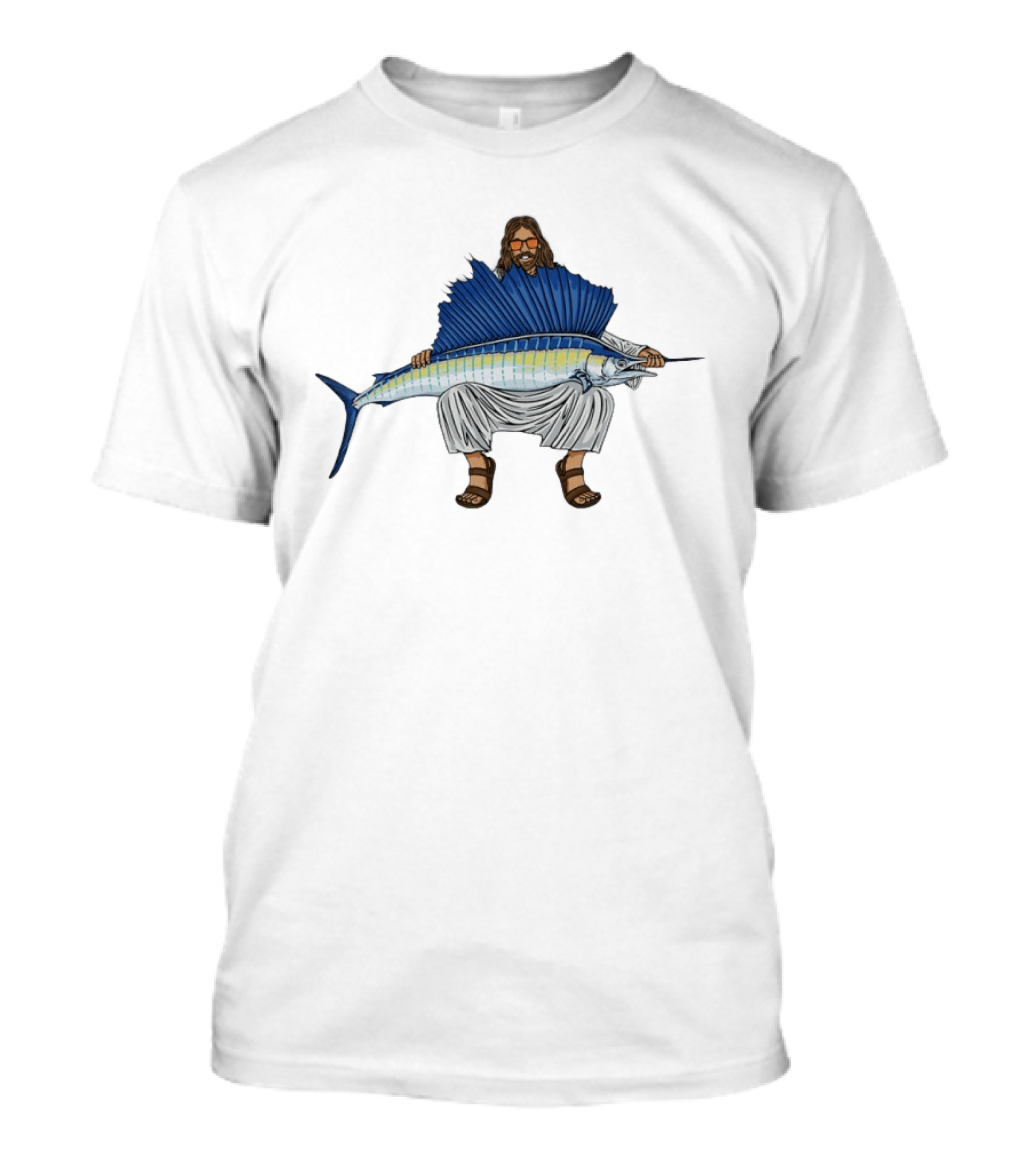 Jesus Holding Sailfish Fish Like Iconic Religious Savior T-Shirt