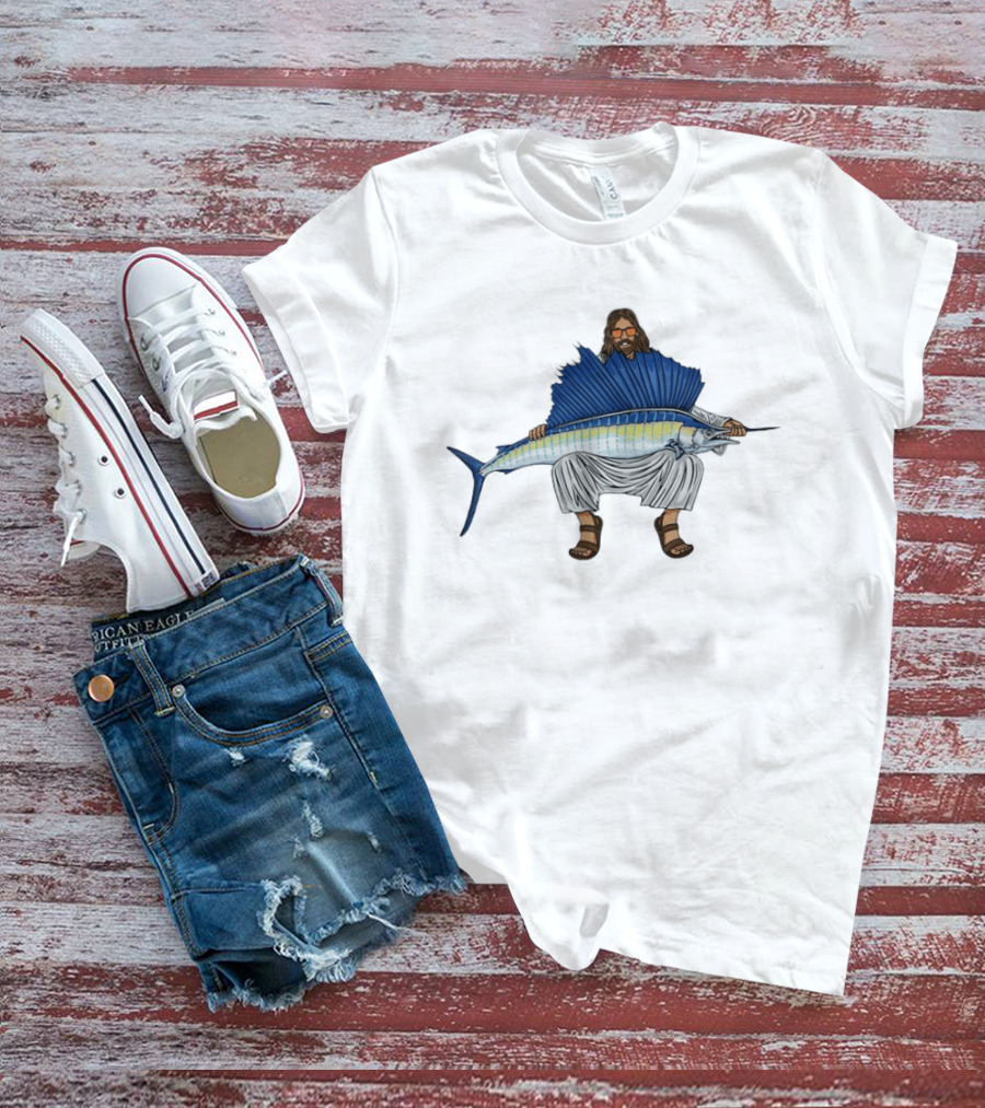 Jesus Holding Sailfish Fish Like Iconic Religious Savior T-Shirt
