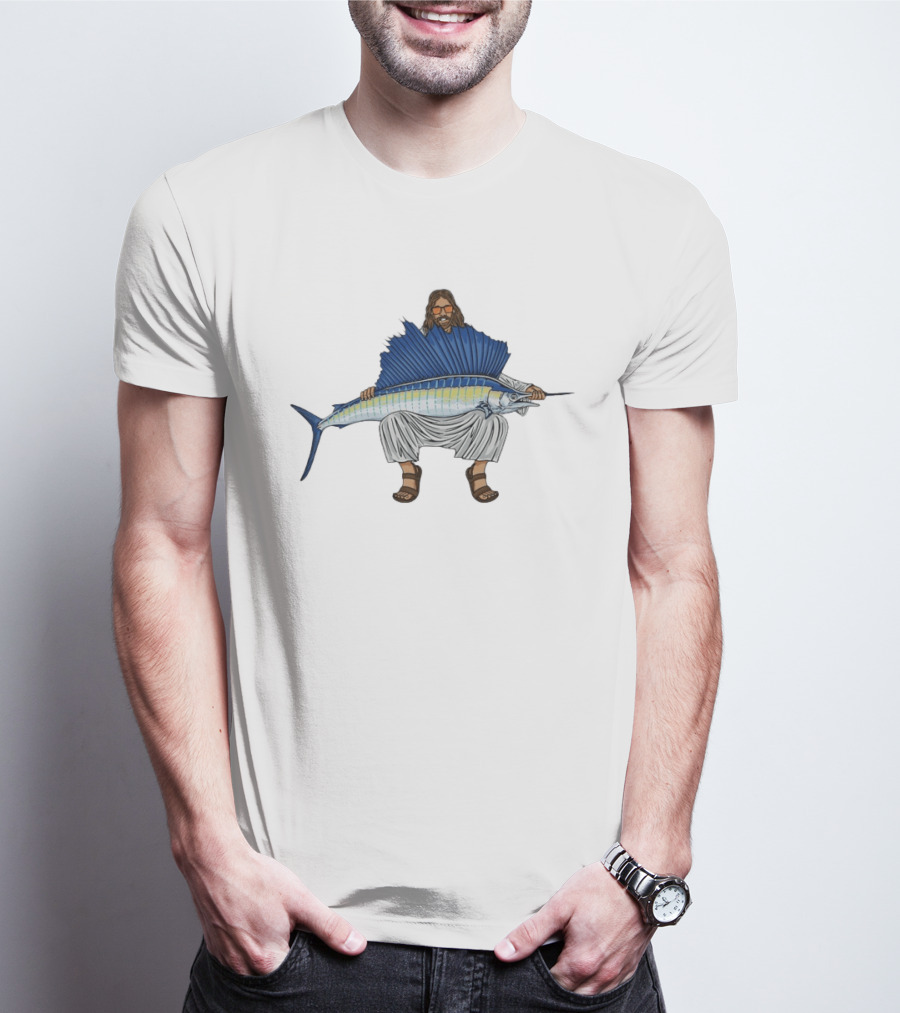 Jesus Holding Sailfish Fish Like Iconic Religious Savior T-Shirt