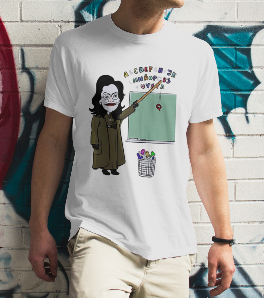 LGBTQ Alphabet Removal Cartoon Teacher With Chalkboard And Trash Bin T-Shirt