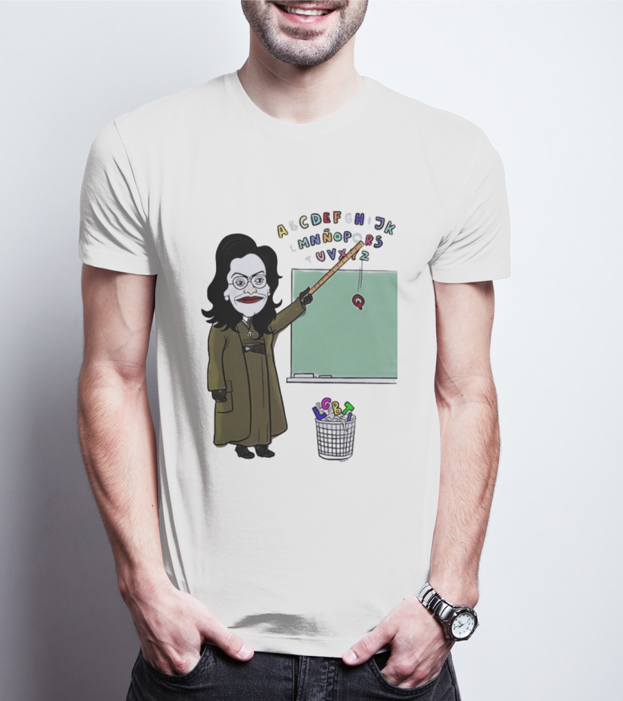 LGBTQ Alphabet Removal Cartoon Teacher With Chalkboard And Trash Bin T-Shirt