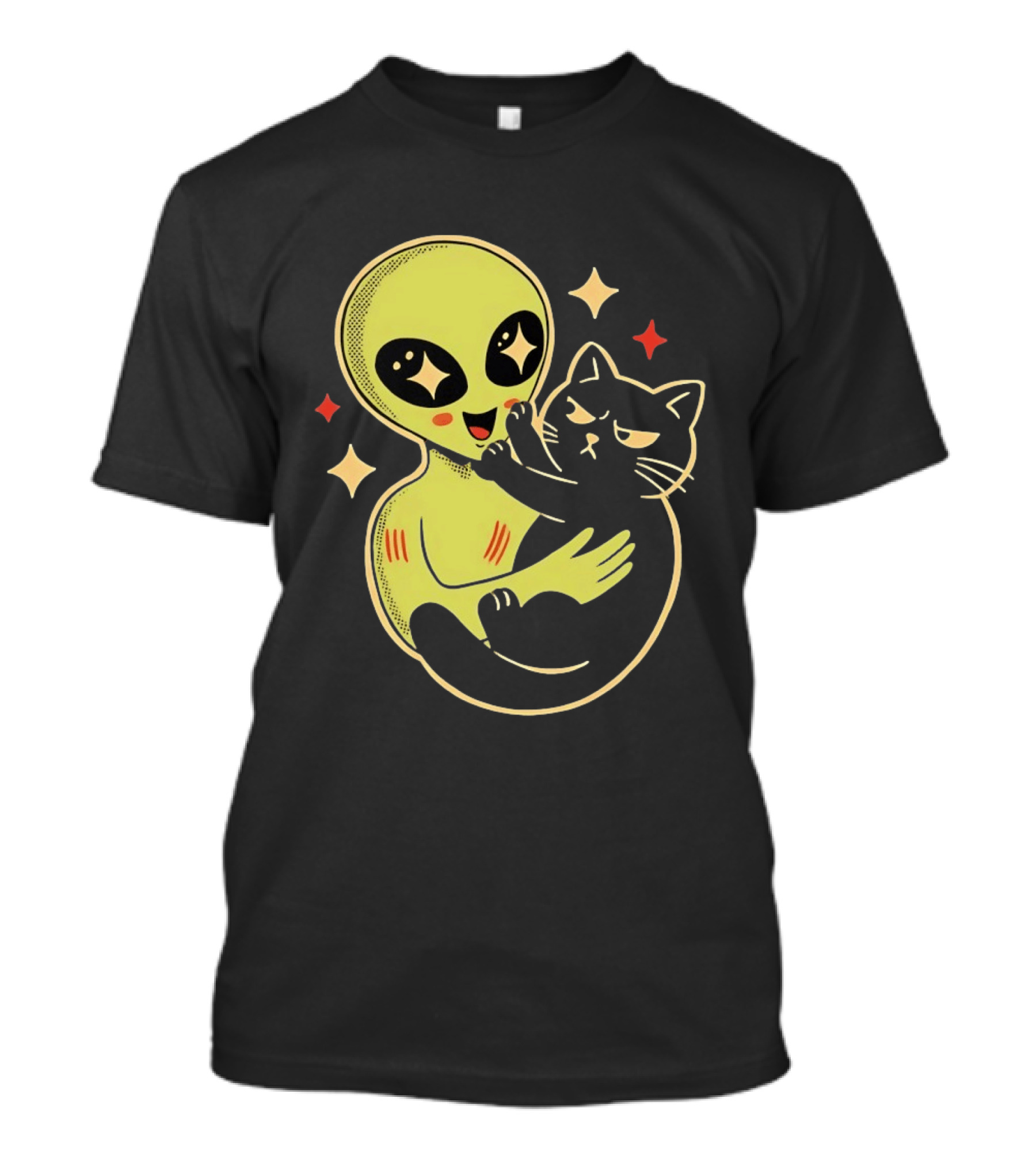 Alien Holding Grumpy Black Cat Surrounded By Stars T-Shirt