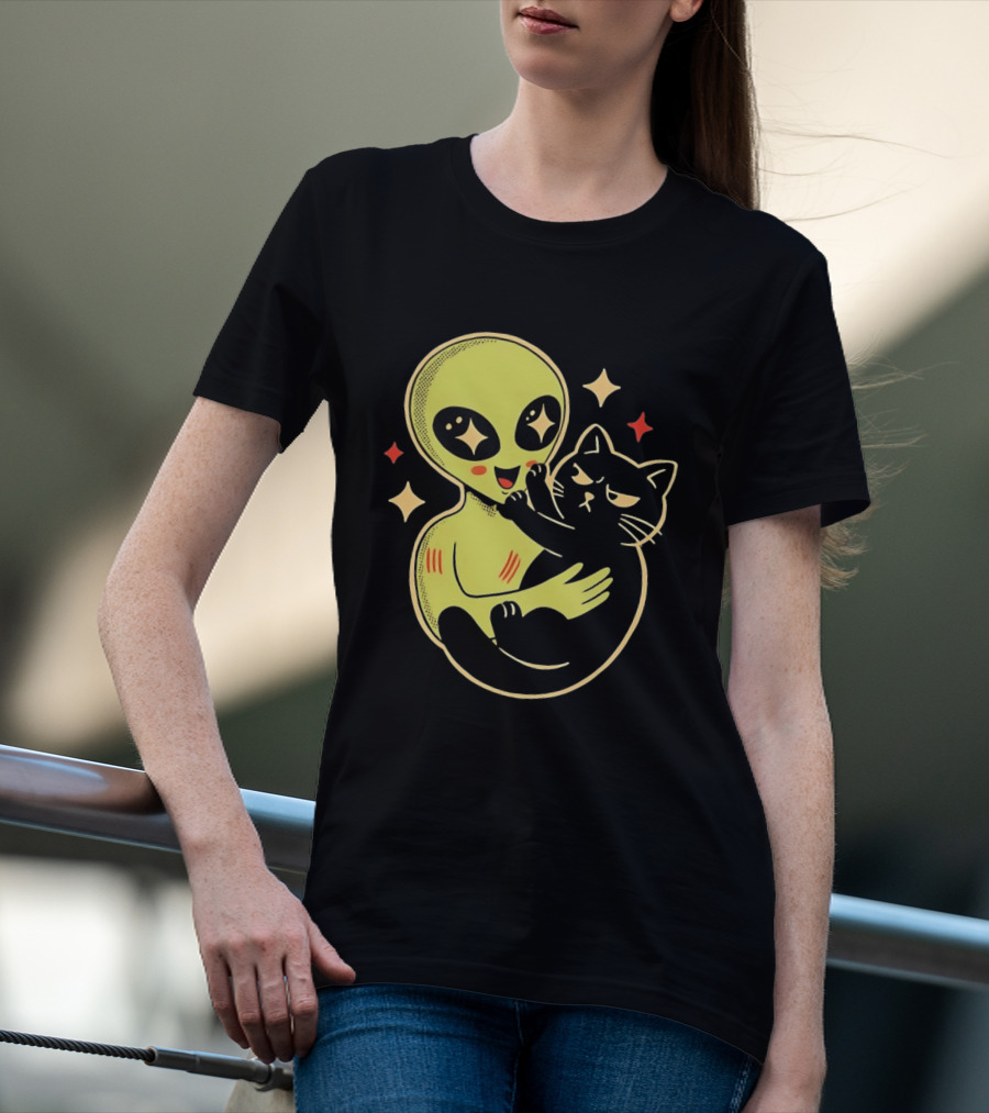 Alien Holding Grumpy Black Cat Surrounded By Stars T-Shirt
