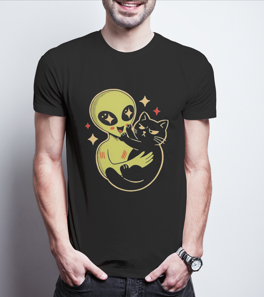 Alien Holding Grumpy Black Cat Surrounded By Stars T-Shirt