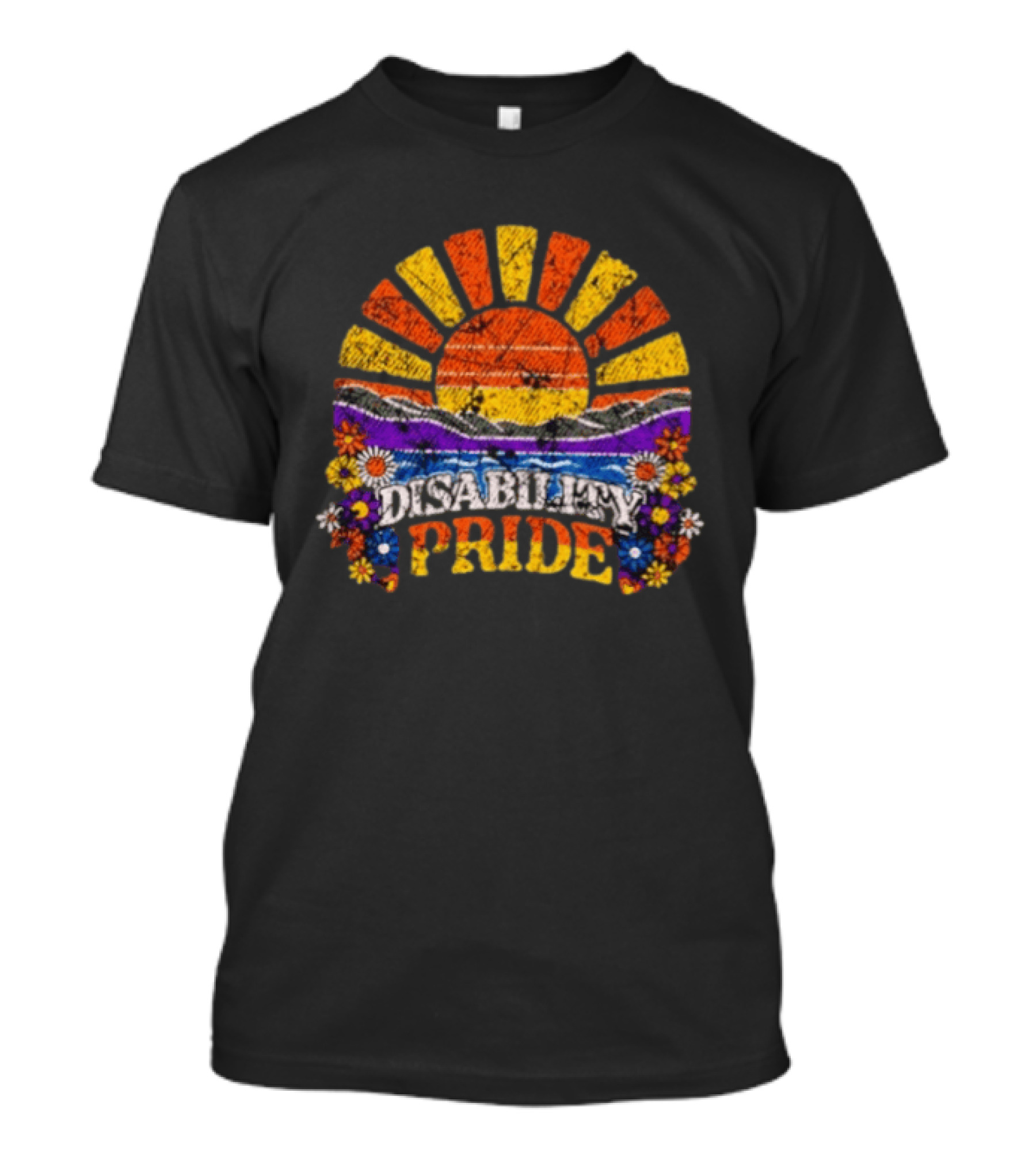 Disability Pride Sunburst With Colorful Flowers And Stripes T-Shirt