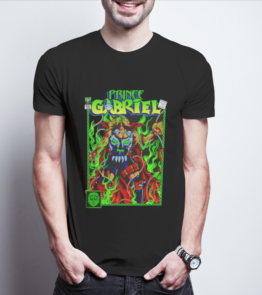 Prince Gabriel Comic Book Cover Fantasy Chain And Sword Warrior Neon Green Flames T-Shirt