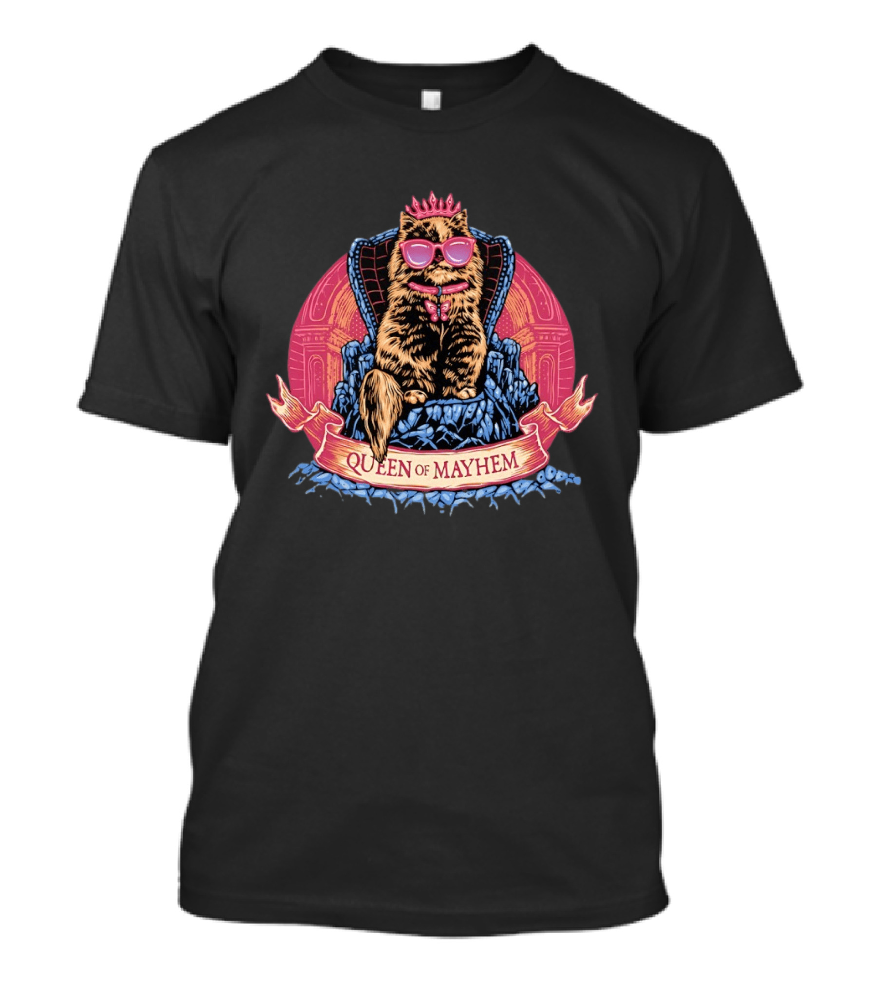 Queen Of Mayhem Cat With Pink Crown And Glasses On Throne T-Shirt