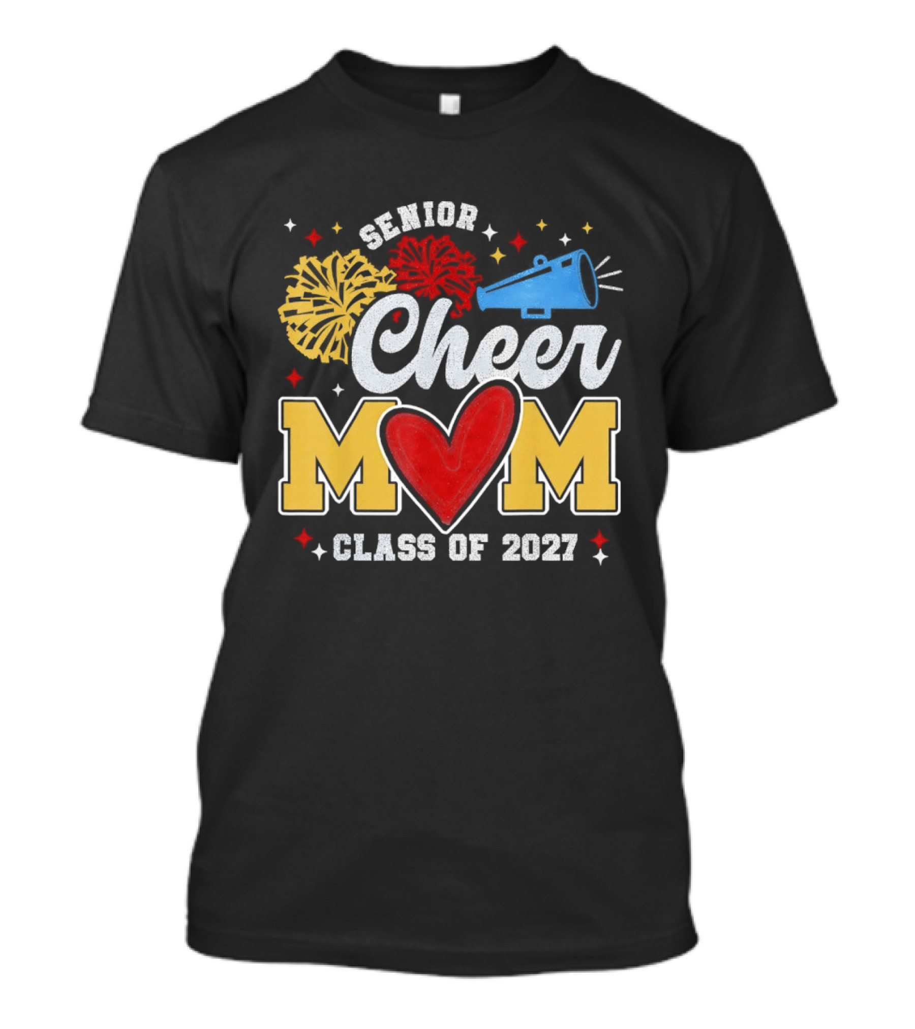 Senior Cheer Mom Megaphone Heart Pom Poms Class Of 2027 T-Shirt