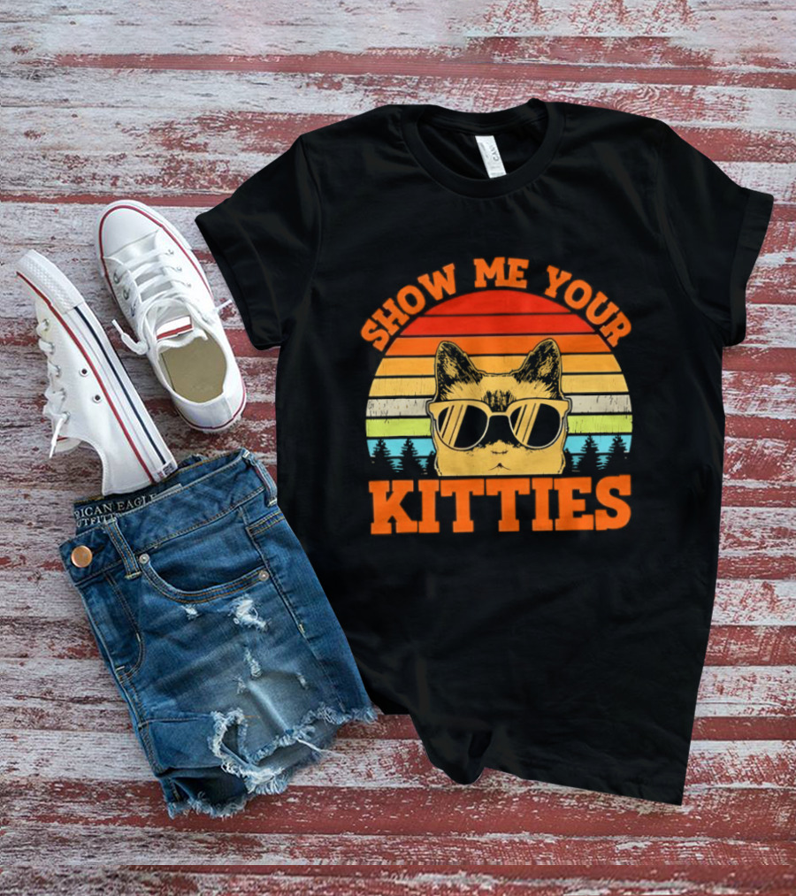 Show Me Your Kitties Cat Sunglasses Retro Sunset T-Shirt