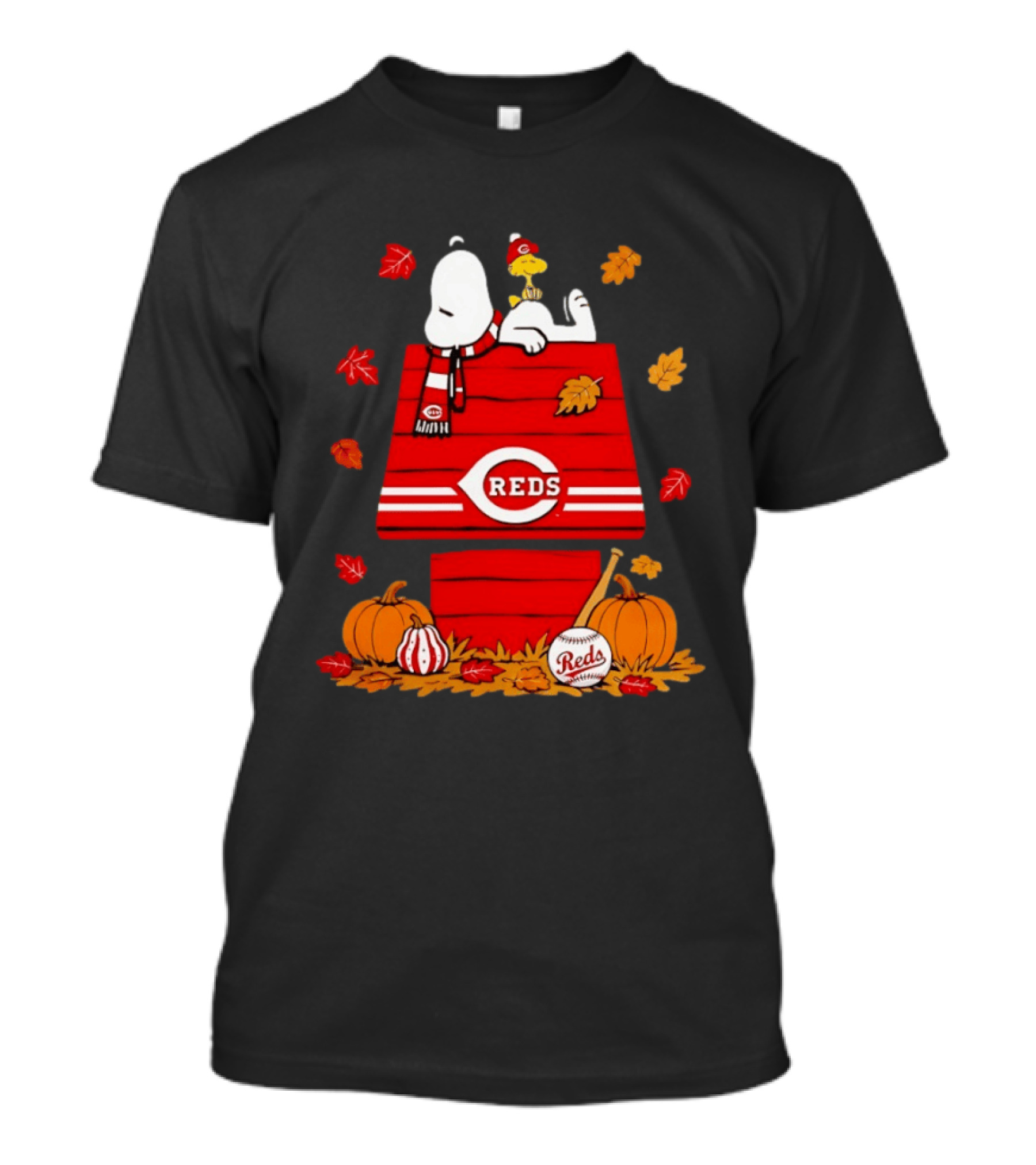 Snoopy Woodstock Cincinnati Reds Fall Baseball Pumpkins Leaves T-Shirt