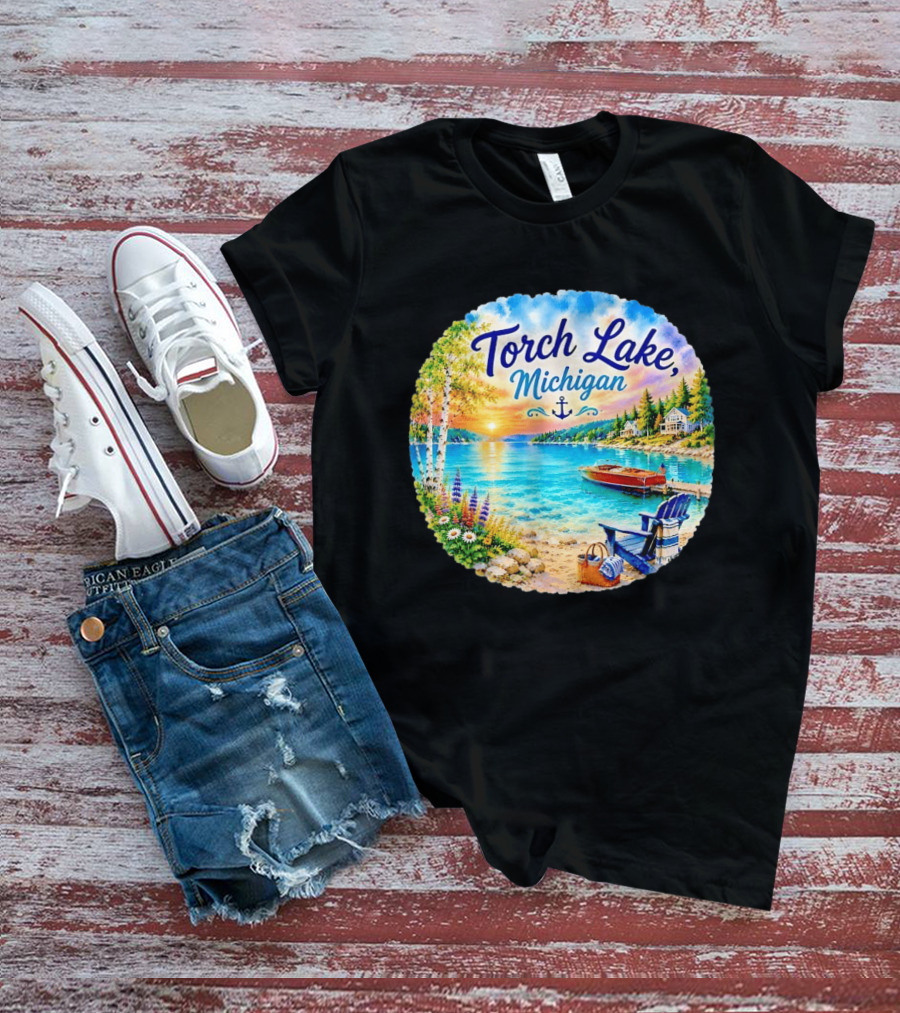 Torch Lake Michigan Sunset Scenic Lakeside Anchor T-Shirt