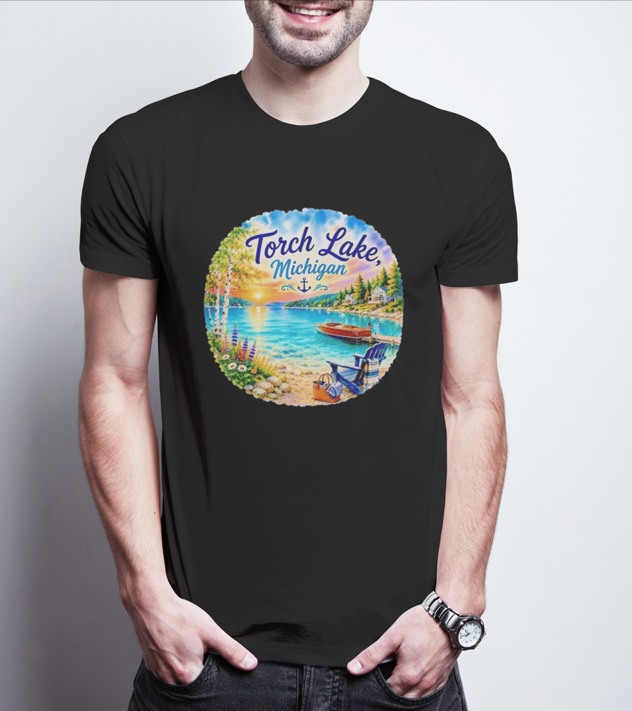 Torch Lake Michigan Sunset Scenic Lakeside Anchor T-Shirt