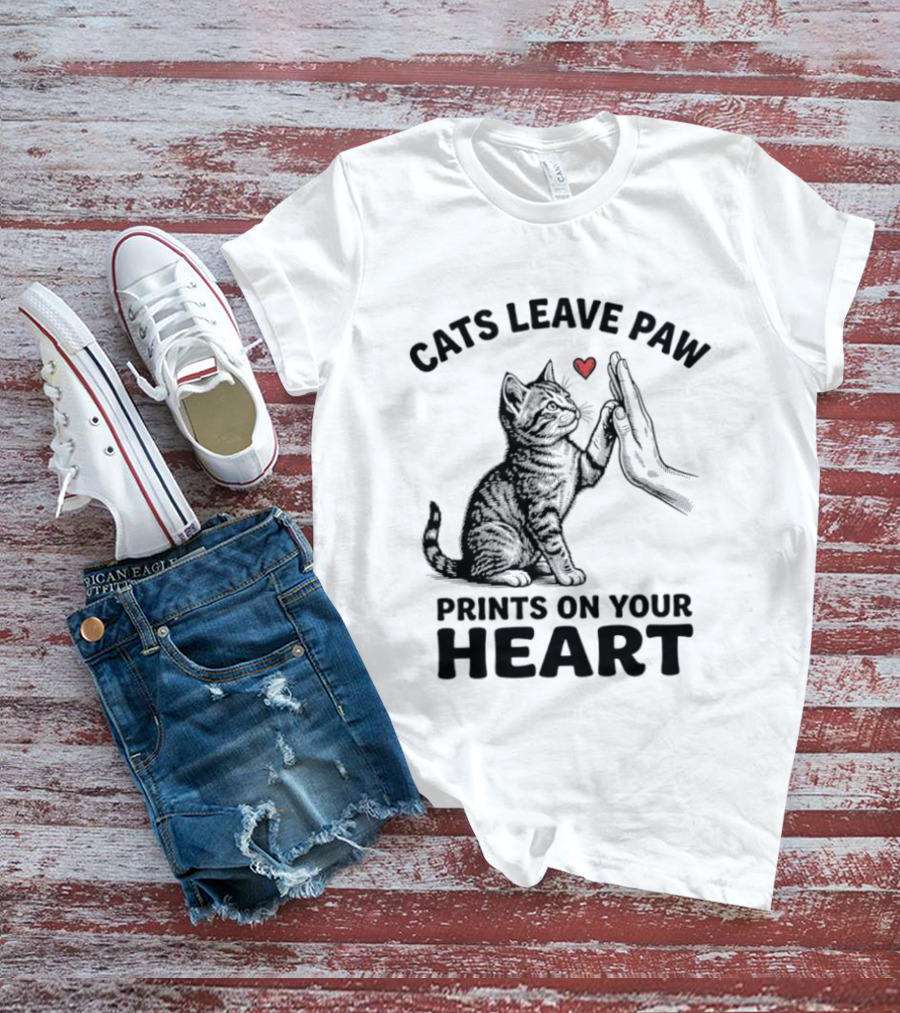 Cats Leave Paw Prints On Your Heart With Hand And Paw High Five T-Shirt