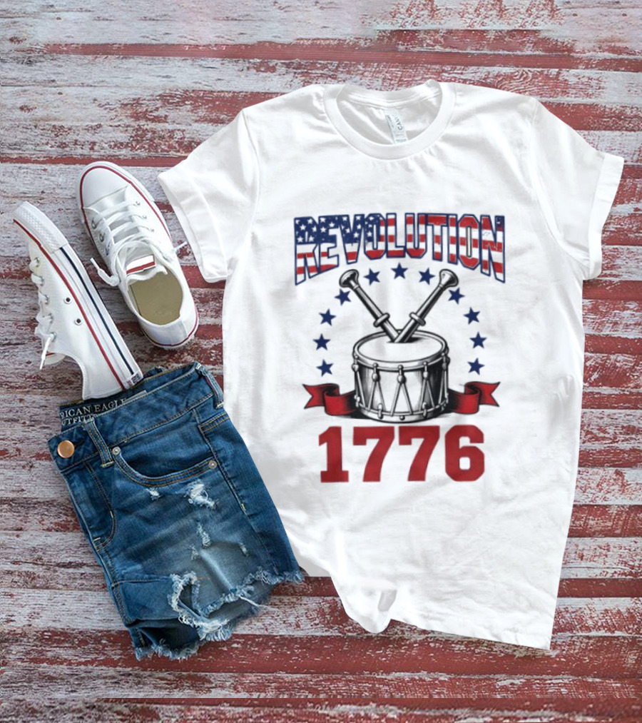 Revolution 1776 American Independence Drum With Stars And Crossed Drumsticks T-Shirt